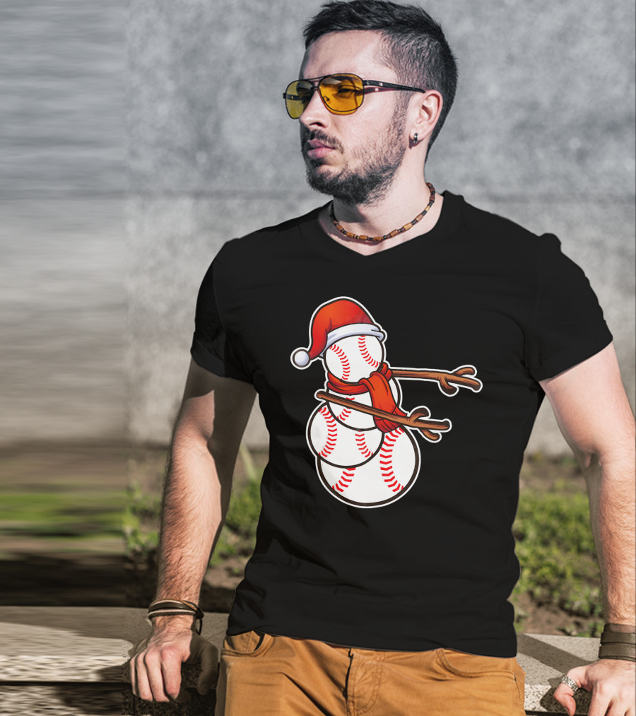 Santa Hat Snowman Made Of Baseballs Flossing T-Shirt