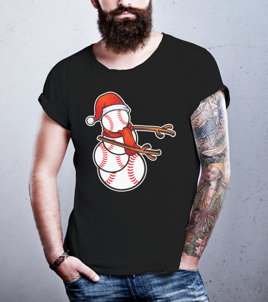 Santa Hat Snowman Made Of Baseballs Flossing T-Shirt