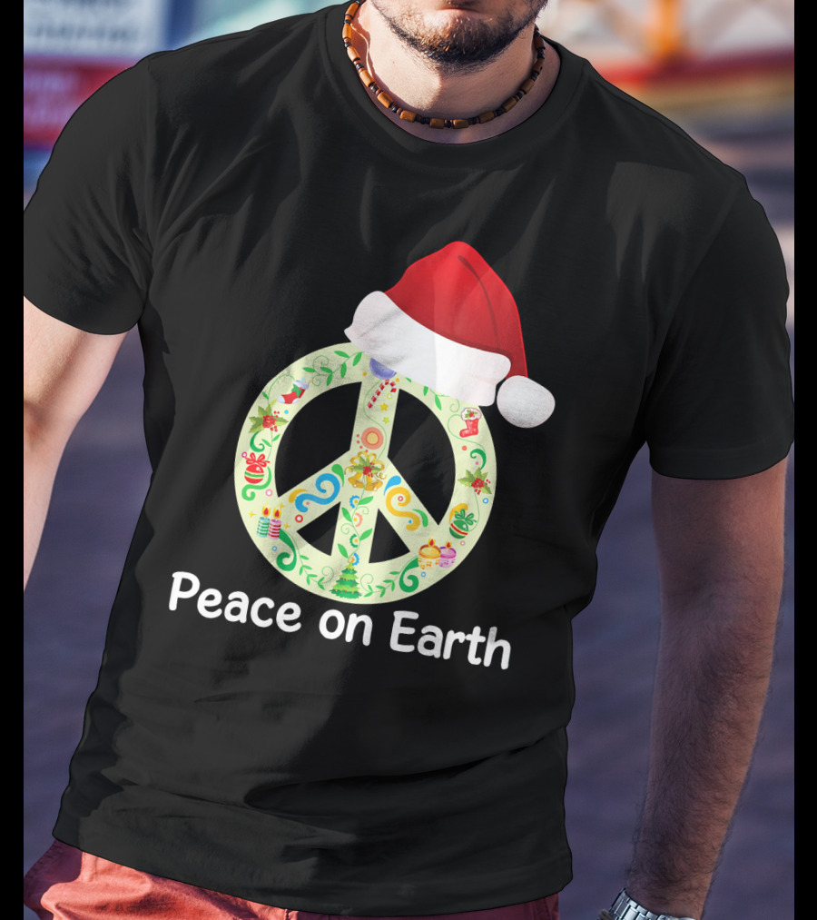 Peace On Earth Santa Hat Christmas Peace Sign T-Shirt