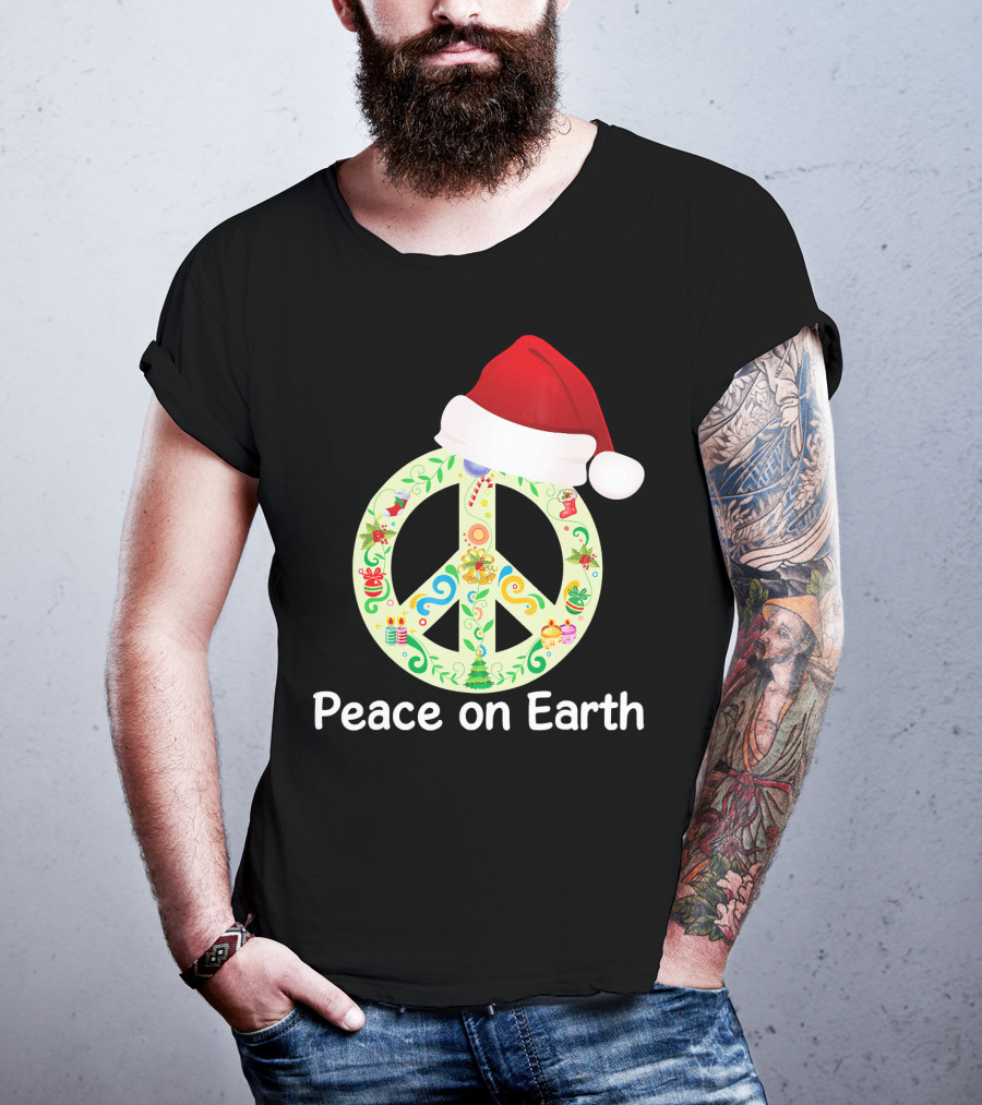 Peace On Earth Santa Hat Christmas Peace Sign T-Shirt