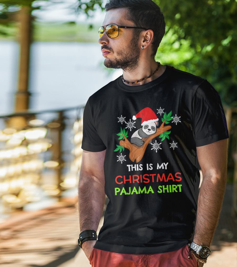 This Is My Christmas Pajama Shirt Panda Santa Hat Snowflakes T-Shirt