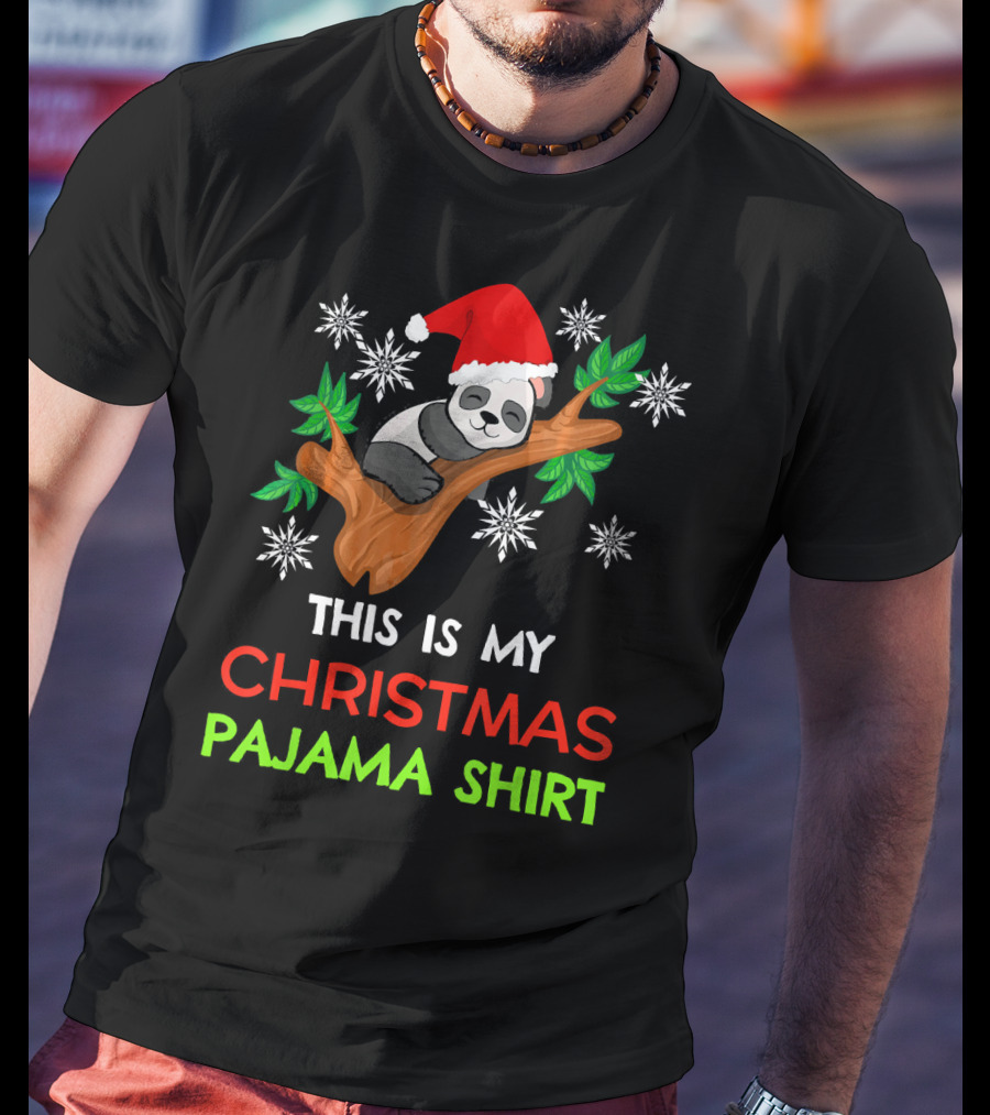 This Is My Christmas Pajama Shirt Panda Santa Hat Snowflakes T-Shirt