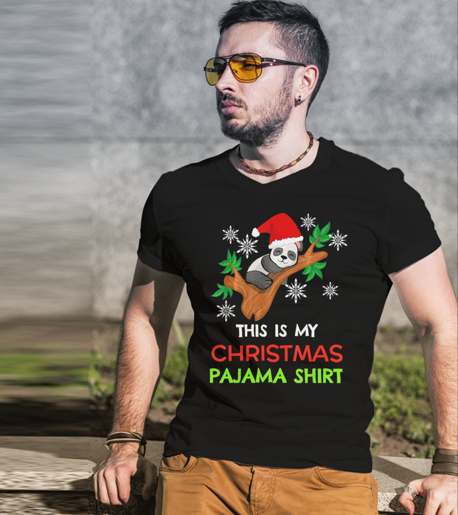 This Is My Christmas Pajama Shirt Panda Santa Hat Snowflakes T-Shirt