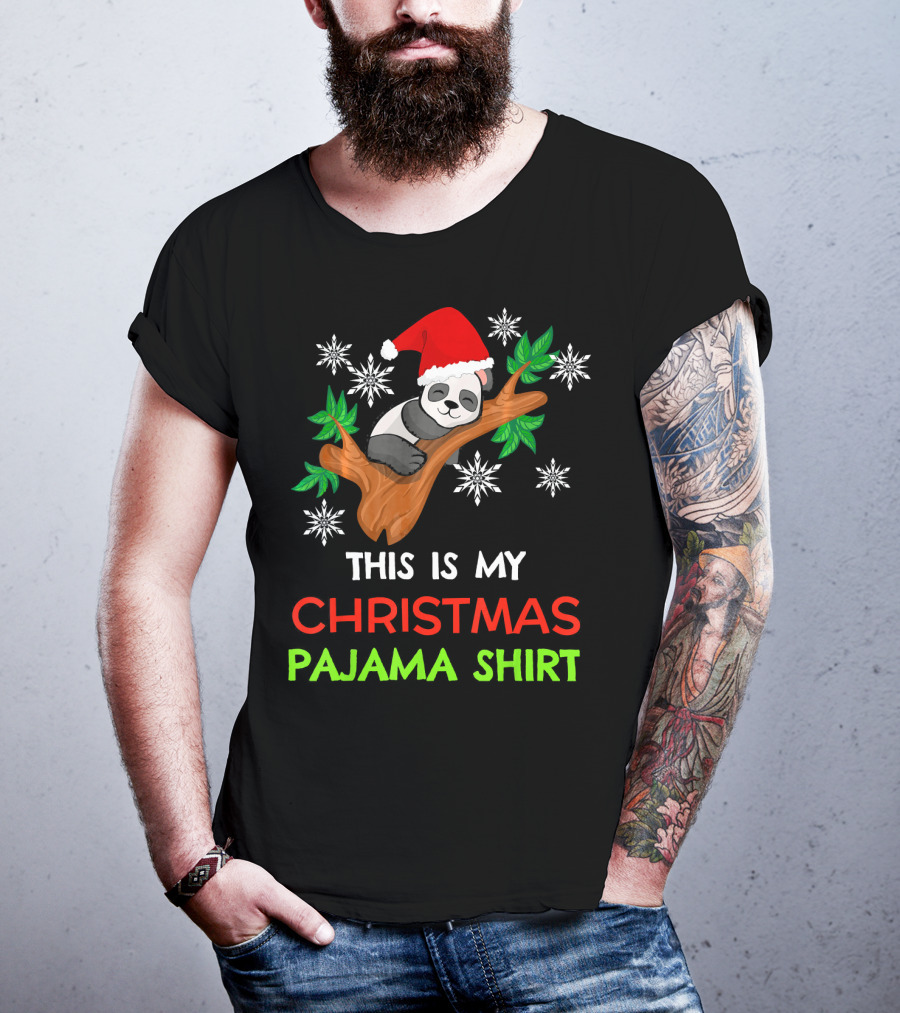 This Is My Christmas Pajama Shirt Panda Santa Hat Snowflakes T-Shirt