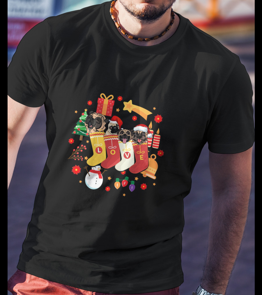 Funny Pugs Dog In Sock Love Christmas Stockings Holiday T-Shirt