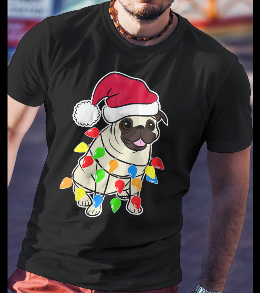 Christmas Pug Santa Pug With Festive Lights And Santa Hat T-Shirt