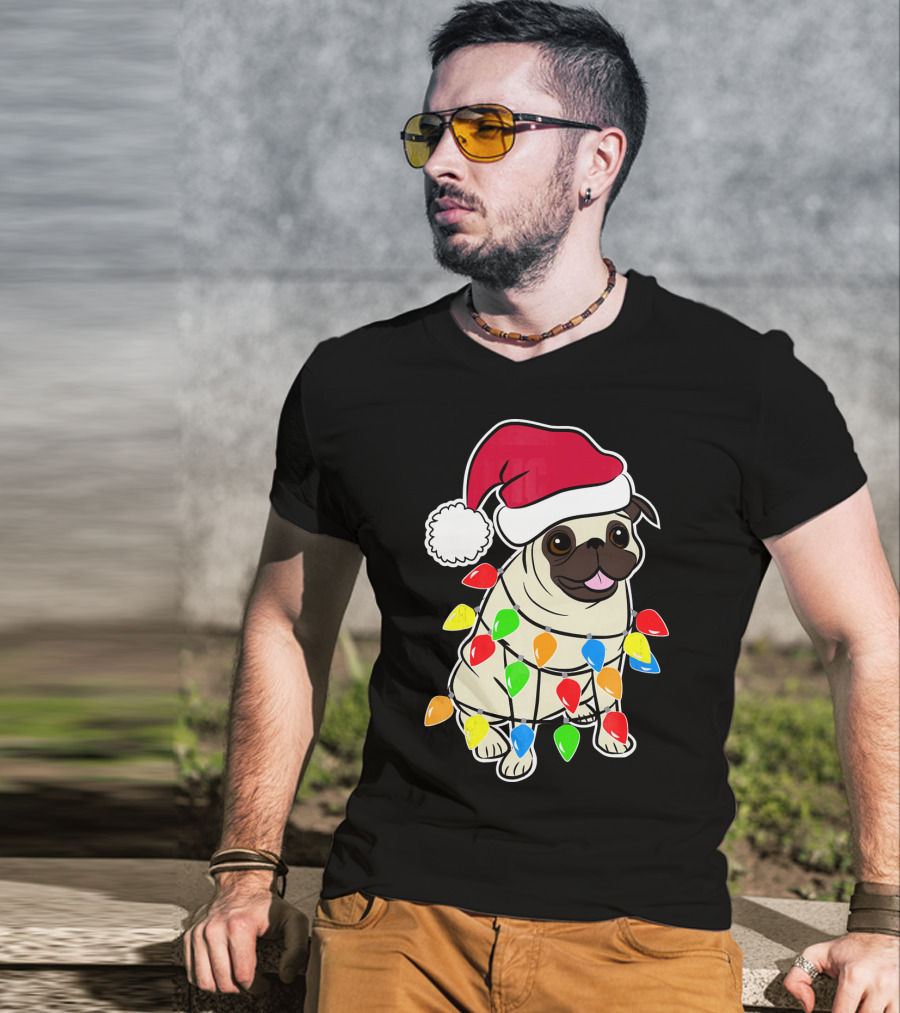 Christmas Pug Santa Pug With Festive Lights And Santa Hat T-Shirt