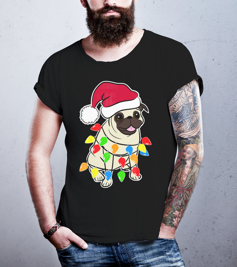 Christmas Pug Santa Pug With Festive Lights And Santa Hat T-Shirt