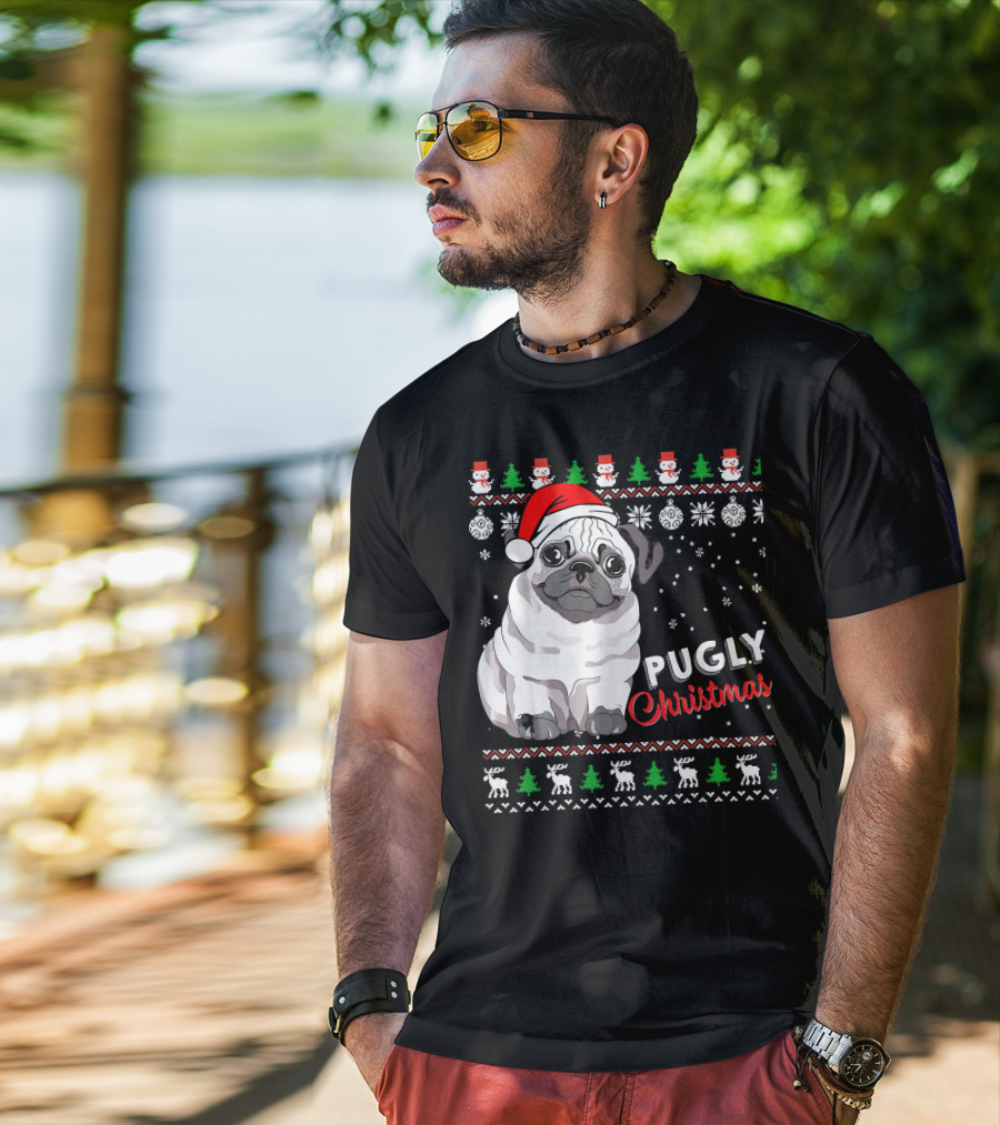 Pugly Christmas Santa Hat Snowflakes Ugly T-Shirt