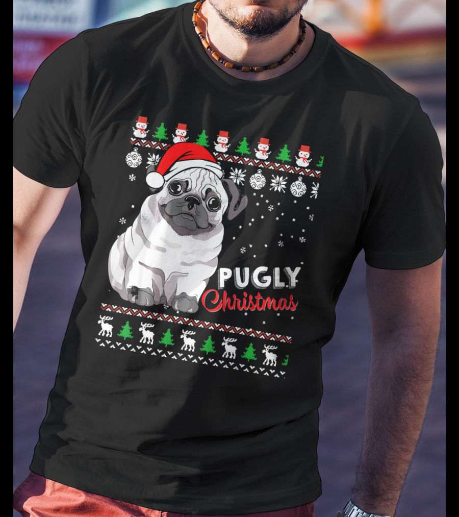 Pugly Christmas Santa Hat Snowflakes Ugly T-Shirt