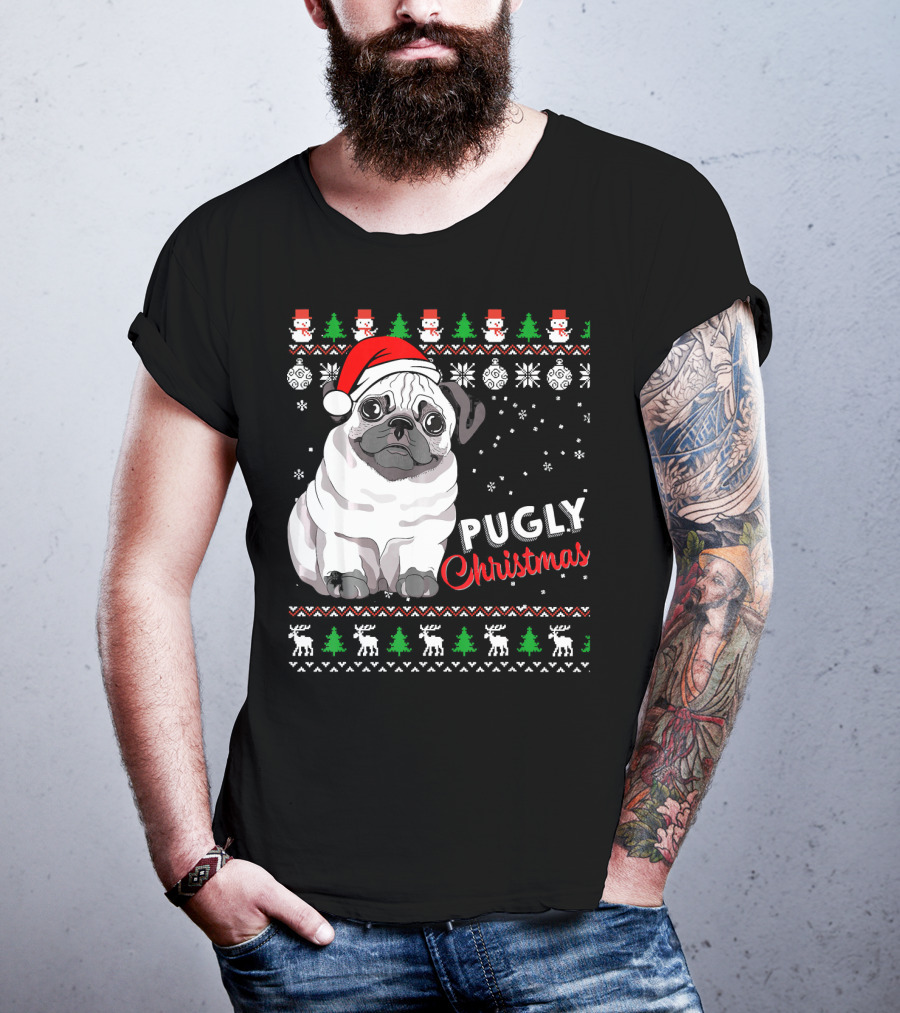 Pugly Christmas Santa Hat Snowflakes Ugly T-Shirt