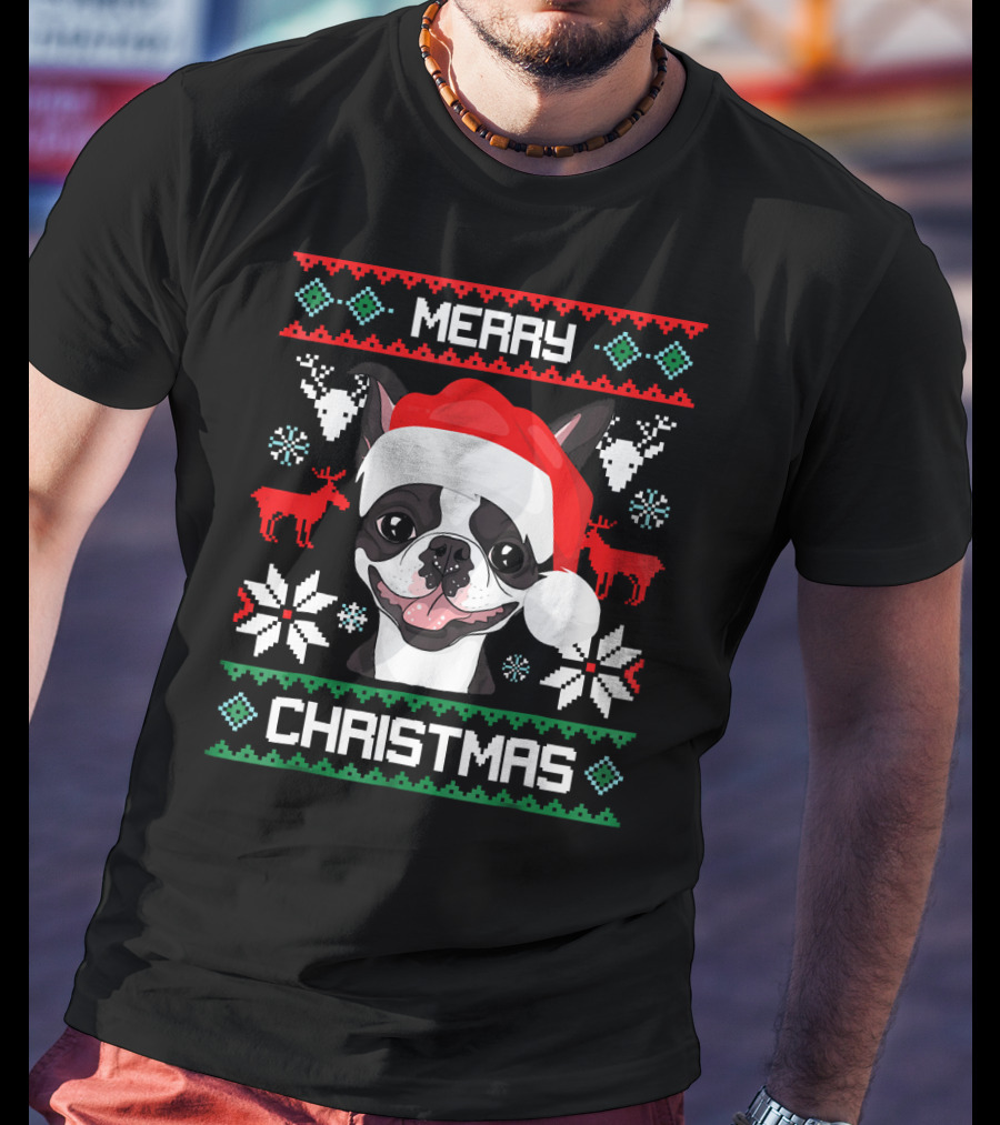 Merry Christmas Boston Terrier Santa Hat Ugly Sweater Holiday T-Shirt
