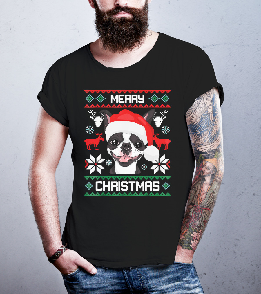 Merry Christmas Boston Terrier Santa Hat Ugly Sweater Holiday T-Shirt