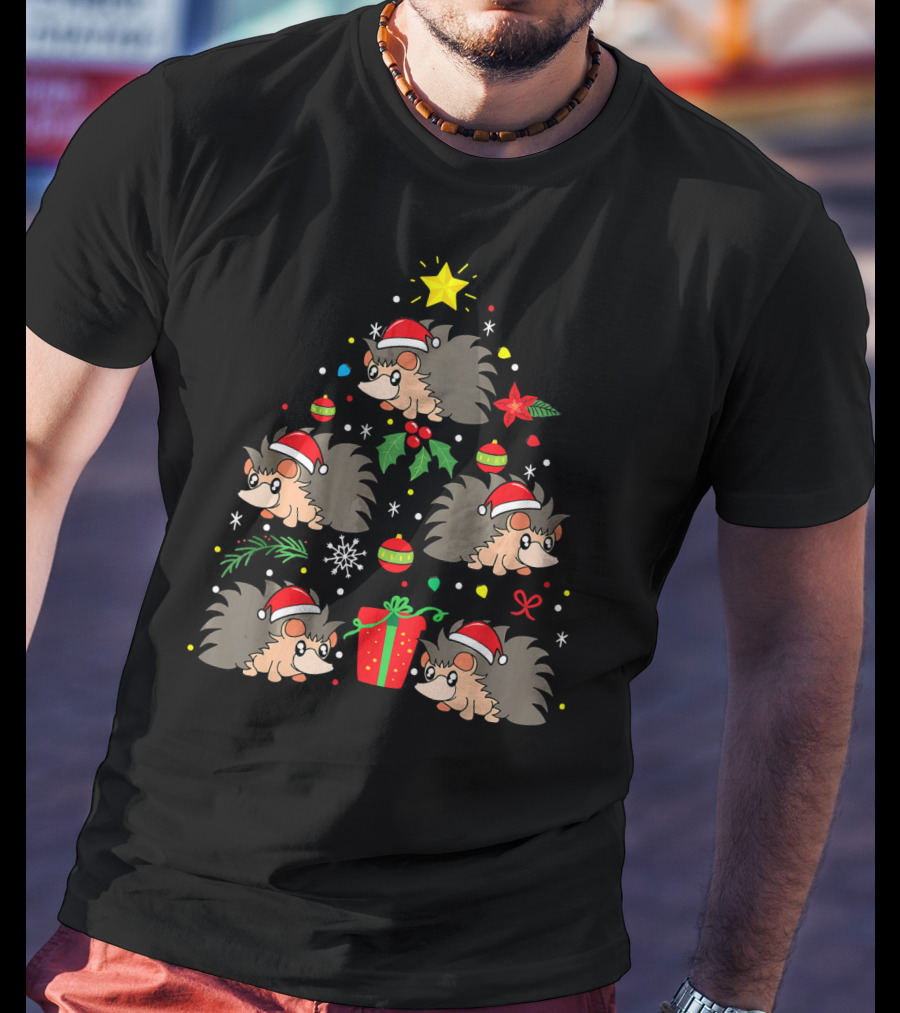 Santa Hat Hedgehog Christmas Tree With Ornaments And Gift T-Shirt