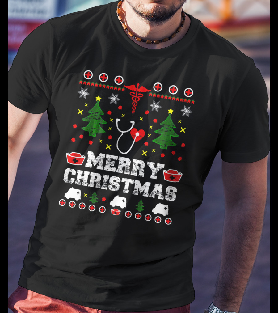 MERRY CHRISTMAS Nurse Ugly Stethoscope And Medical Symbols T-Shirt