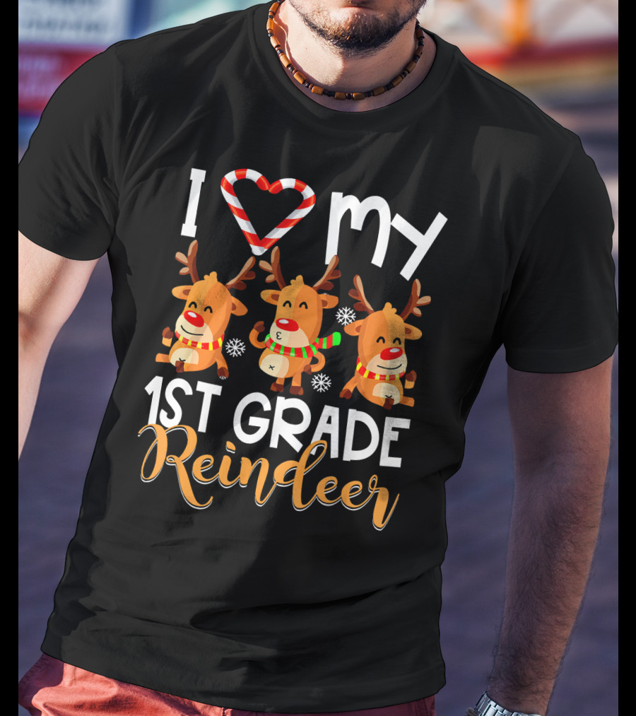 I Love My 1st Grade Reindeer With Candy Cane Heart T-Shirt