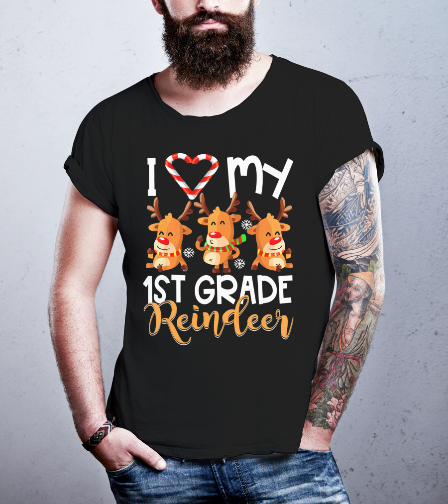 I Love My 1st Grade Reindeer With Candy Cane Heart T-Shirt