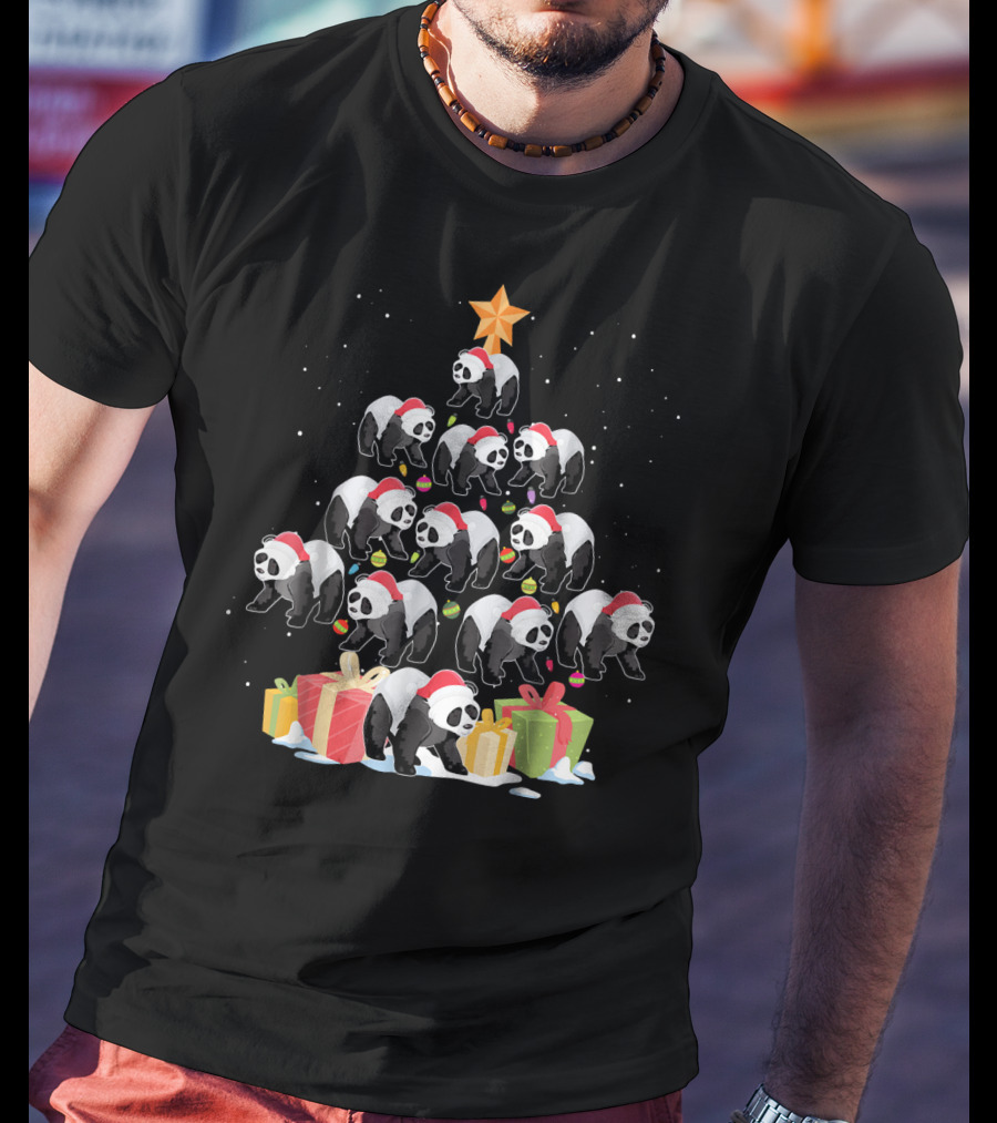 Funny Panda Christmas Tree Presents Star T-Shirt
