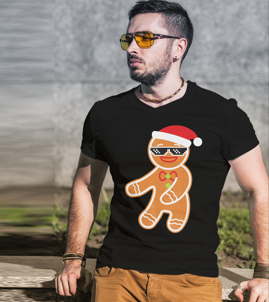 Flossing Gingerbread With Santa Hat And Sunglasses T-Shirt