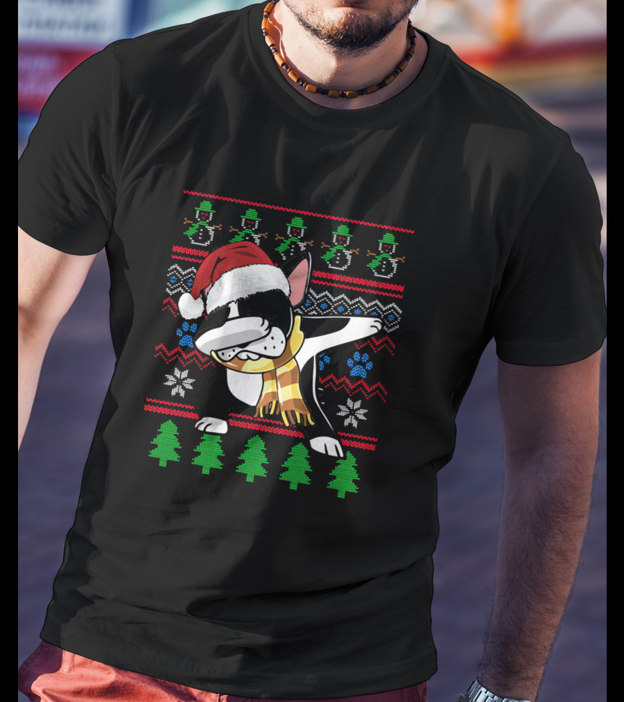 Boston Terrier Dabbing Santa Hat UglyStyl Christmas Sweater Snowmen Trees T-Shirt