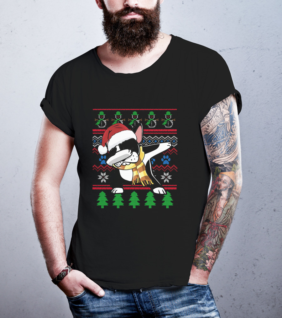 Boston Terrier Dabbing Santa Hat UglyStyl Christmas Sweater Snowmen Trees T-Shirt