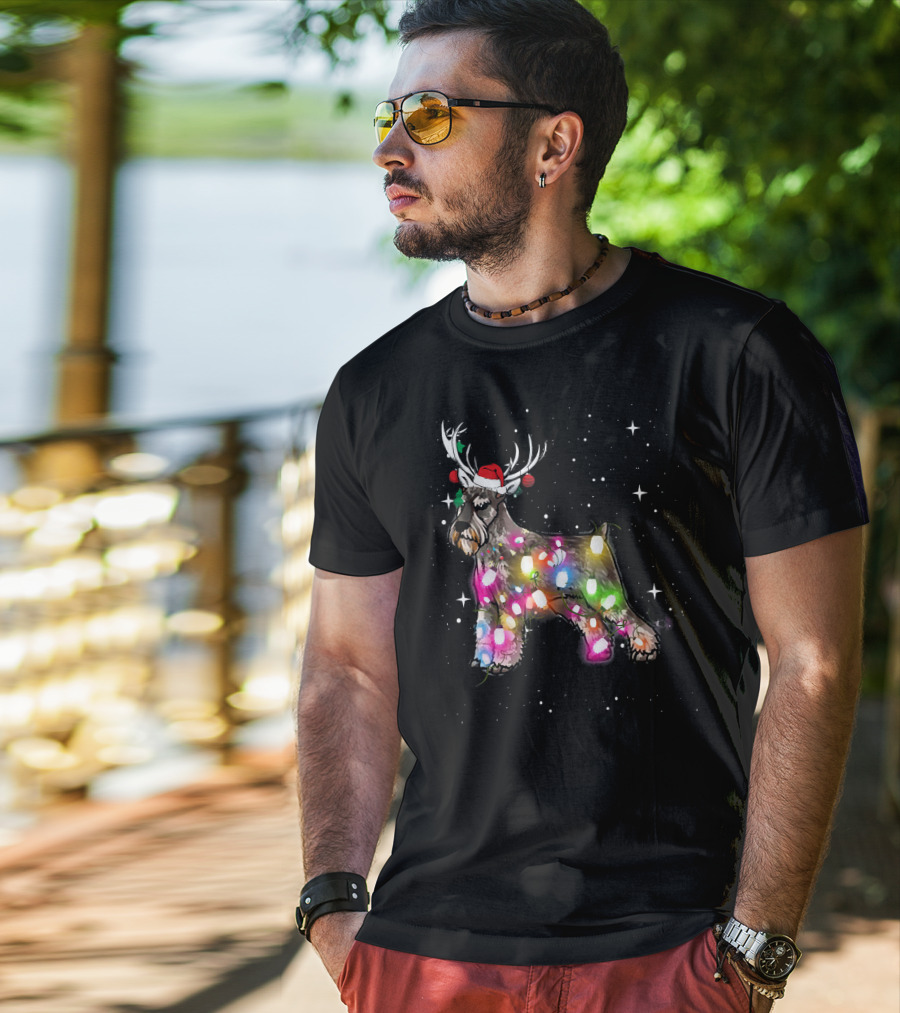 Festive Christmas Lights Standard Schnauzer With Santa Hat And Reindeer Antlers T-Shirt
