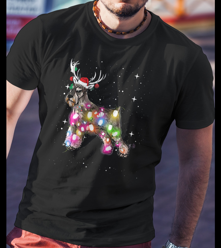 Festive Christmas Lights Standard Schnauzer With Santa Hat And Reindeer Antlers T-Shirt