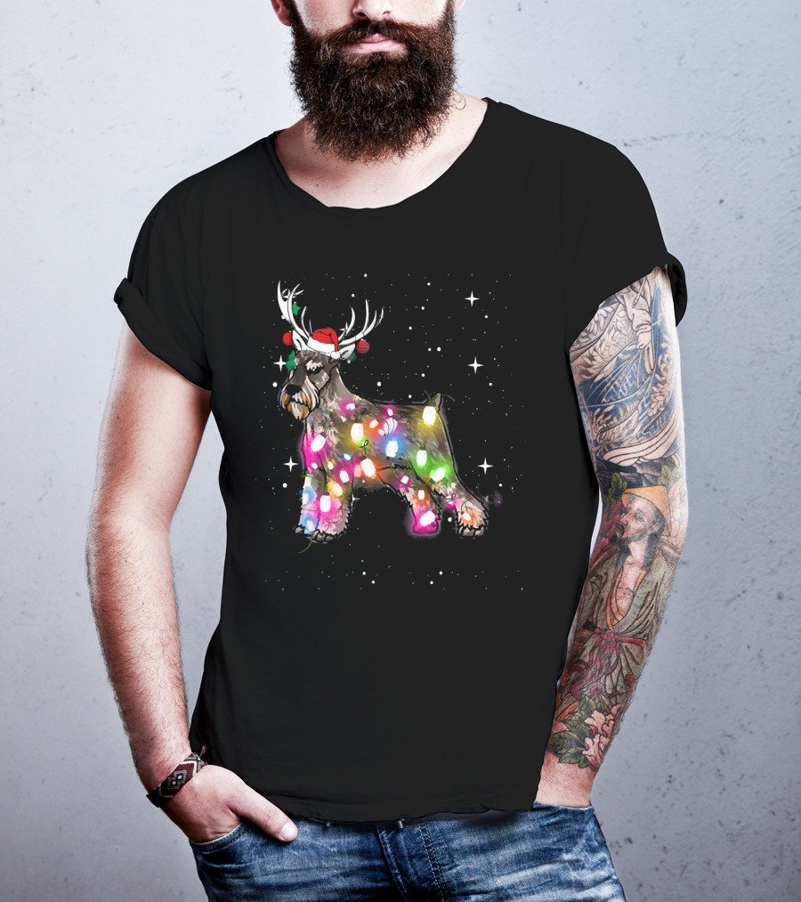 Festive Christmas Lights Standard Schnauzer With Santa Hat And Reindeer Antlers T-Shirt