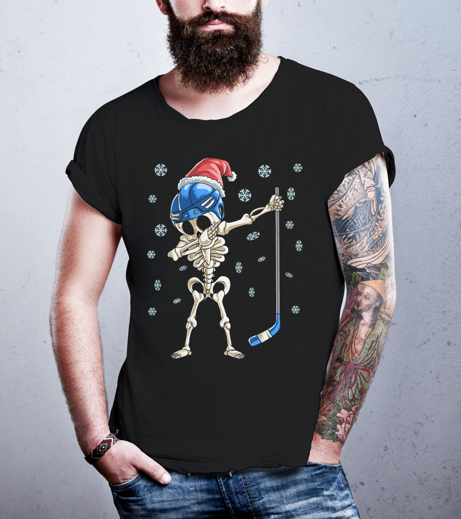 Santa Hat Dabbing Skeleton Ice Hockey With Snowflakes T-Shirt