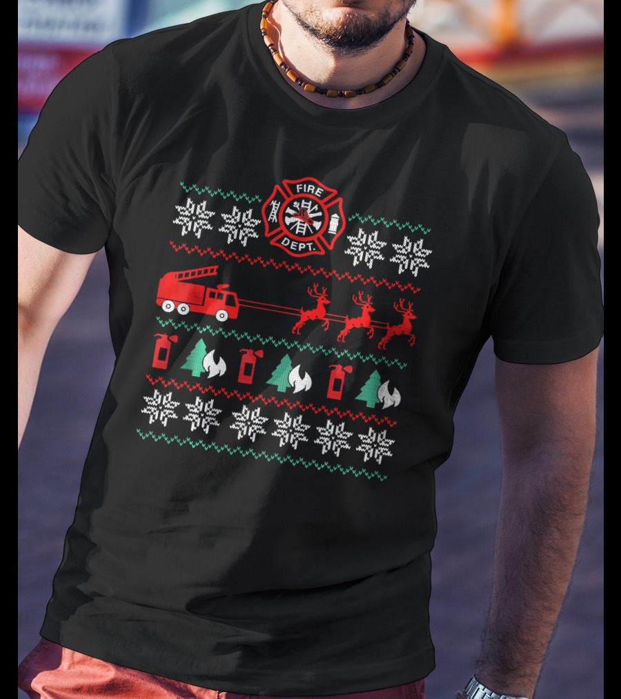 Fire Department Holiday Sweater Firetruck And Reindeer T-Shirt