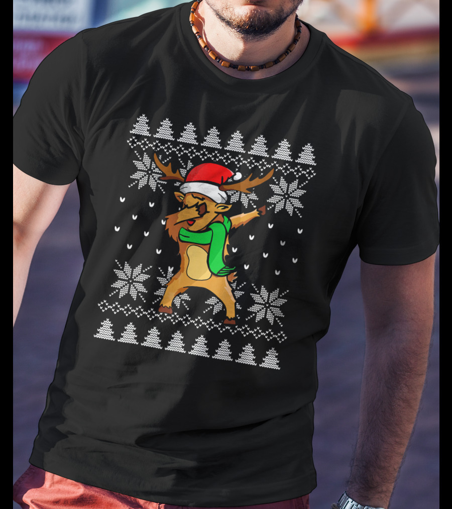 Funny Christmas Dabbing Reindeer In Santa Hat And Scarf Ugly T-Shirt