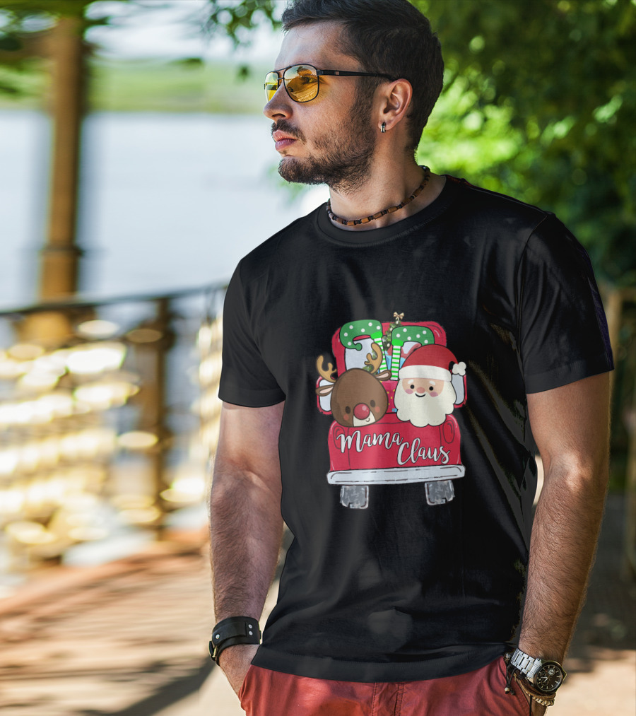 Mama Claus Funny Christmas Car With Santa And Reindeer T-Shirt