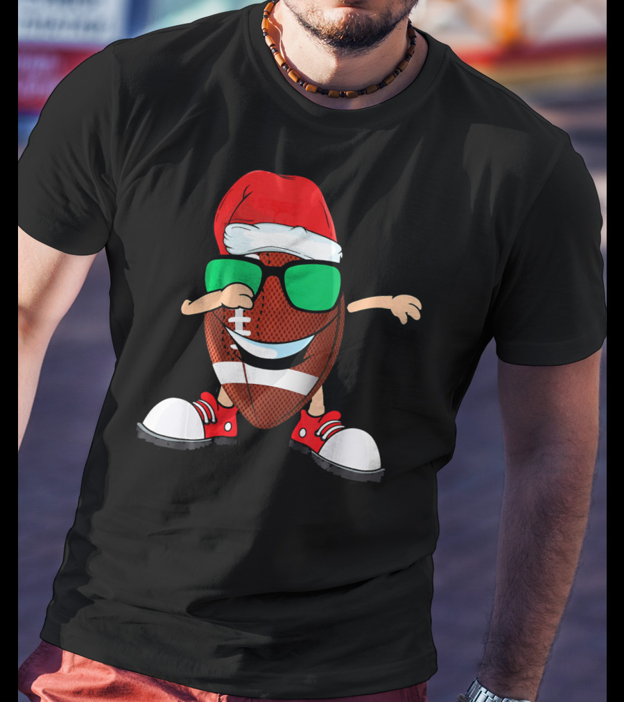 Dabbing Football Wearing Santa Hat With Green Sunglasses And Red Sneakers T-Shirt