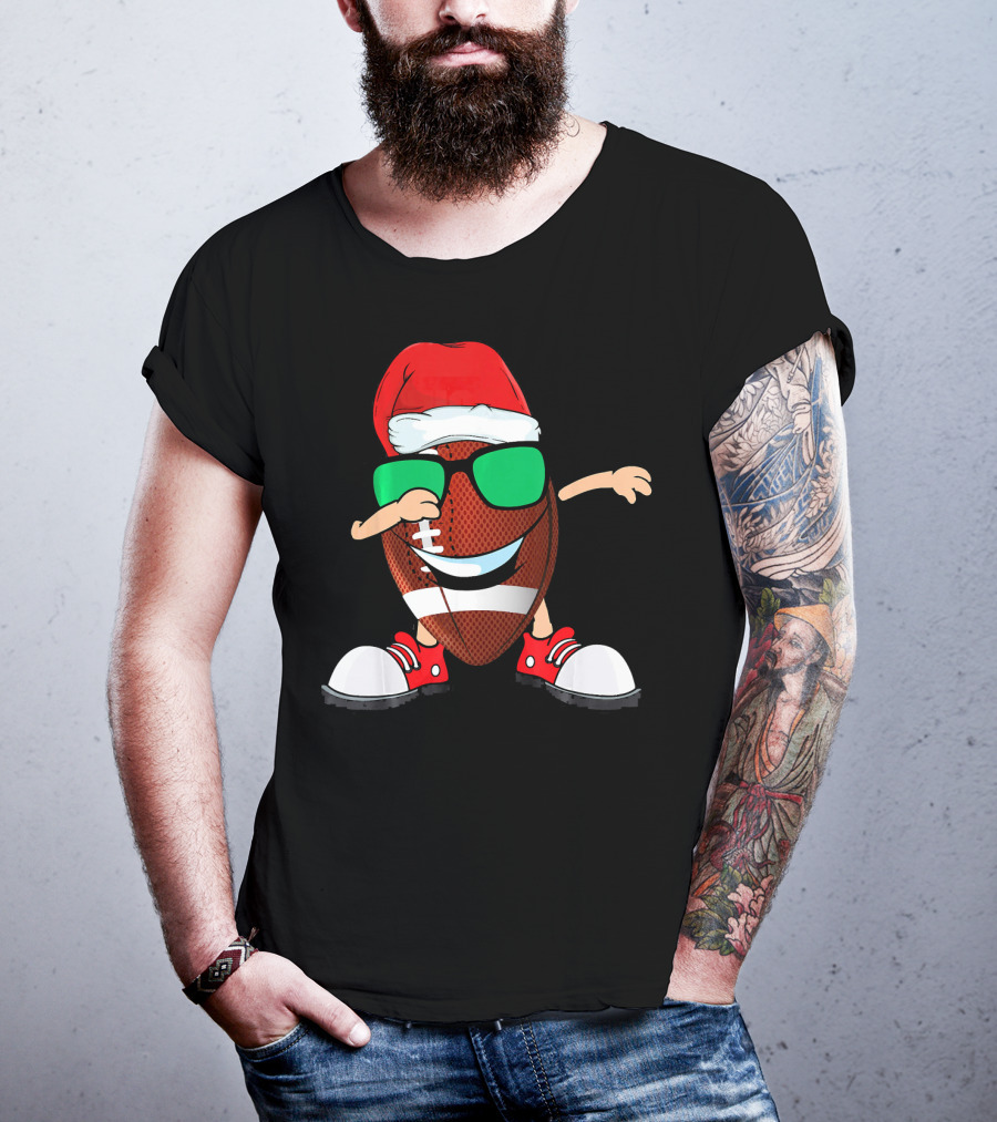 Dabbing Football Wearing Santa Hat With Green Sunglasses And Red Sneakers T-Shirt