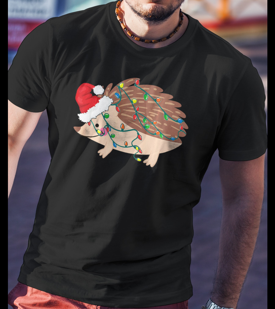 Hedgehog Christmas Lights Funny Santa Hat T-Shirt