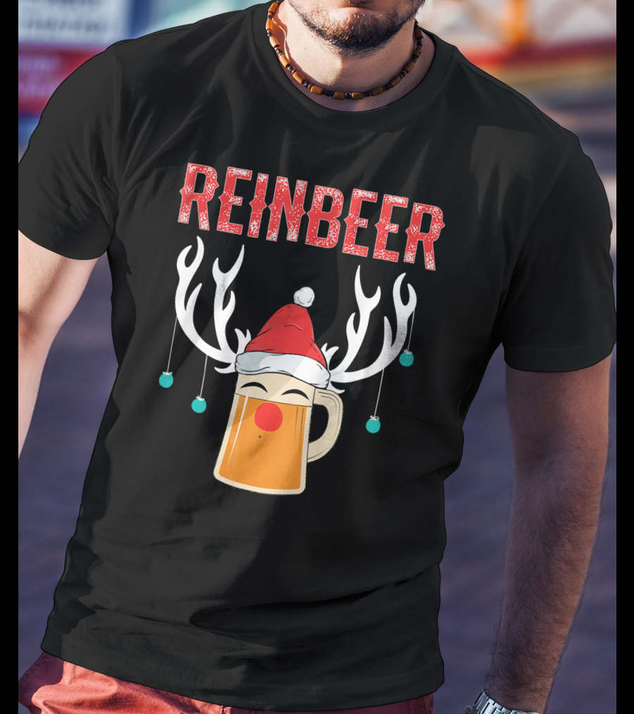 Reinbeer Christmas Antler Humor With Santa Hat Beer Mug T-Shirt