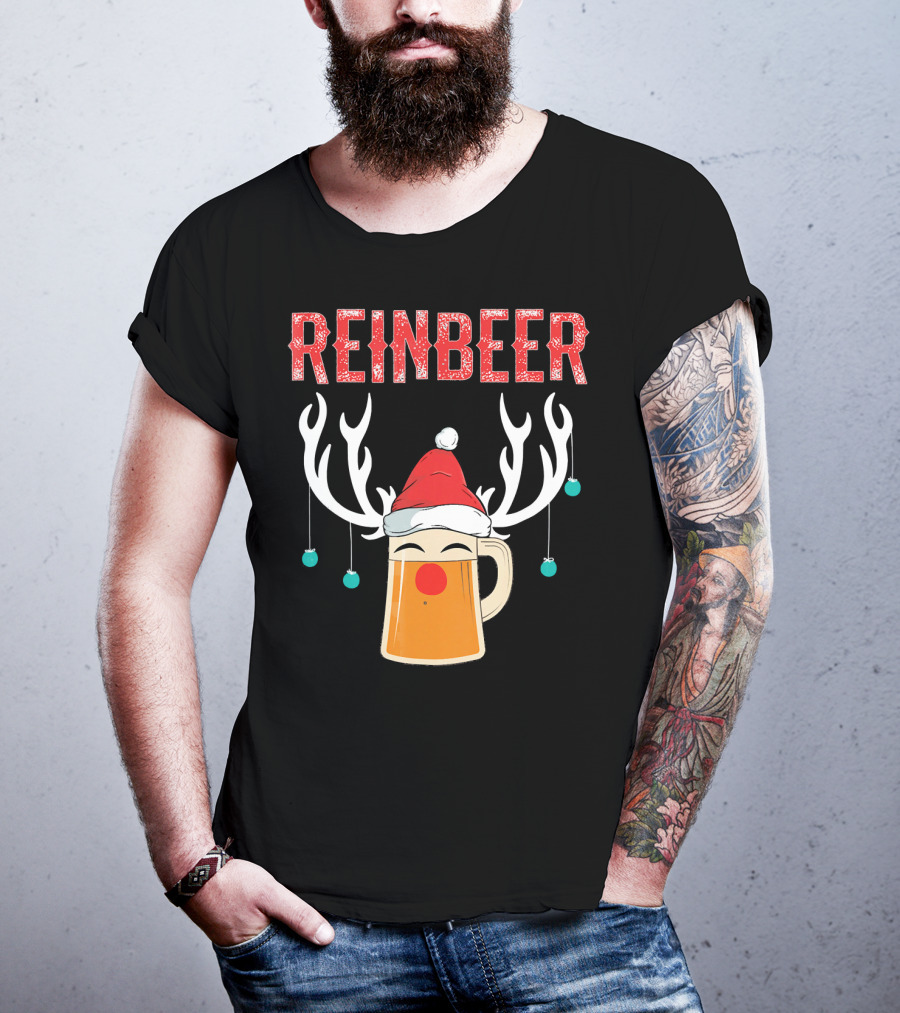 Reinbeer Christmas Antler Humor With Santa Hat Beer Mug T-Shirt
