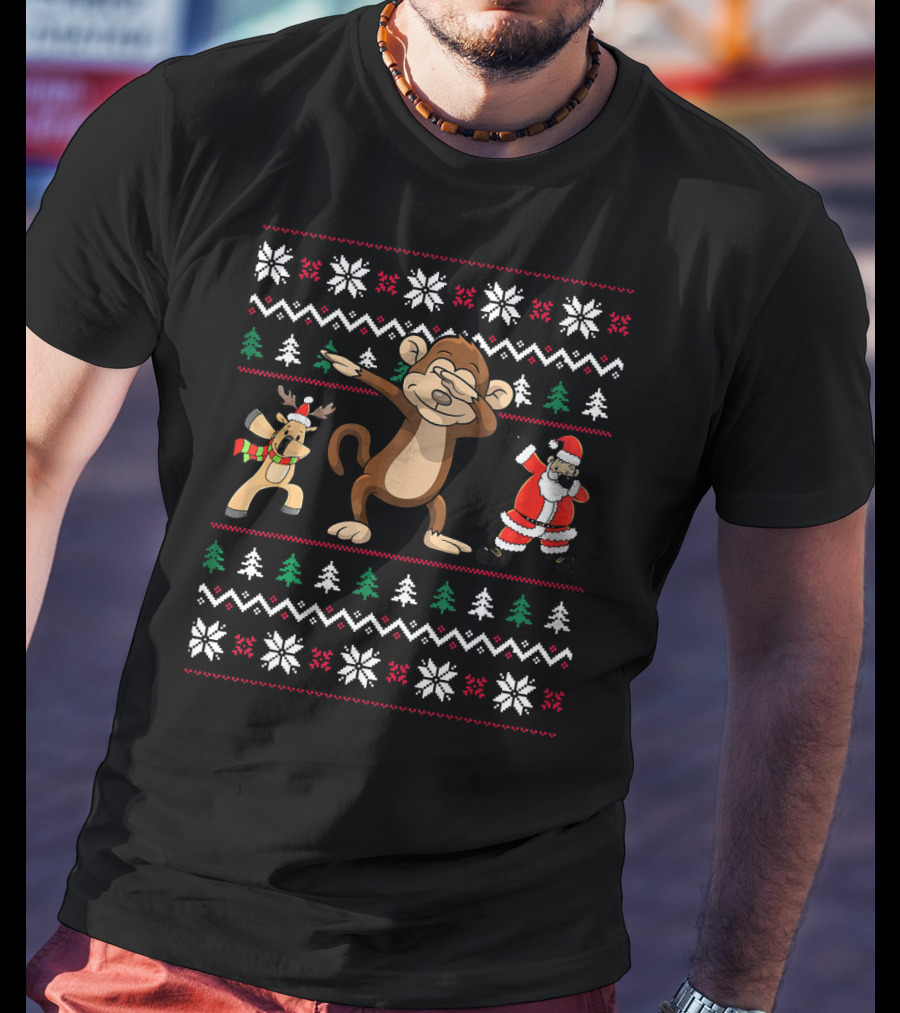 Funny Dabbing Monkey With Santa And Reindeer In Christmas T-Shirt
