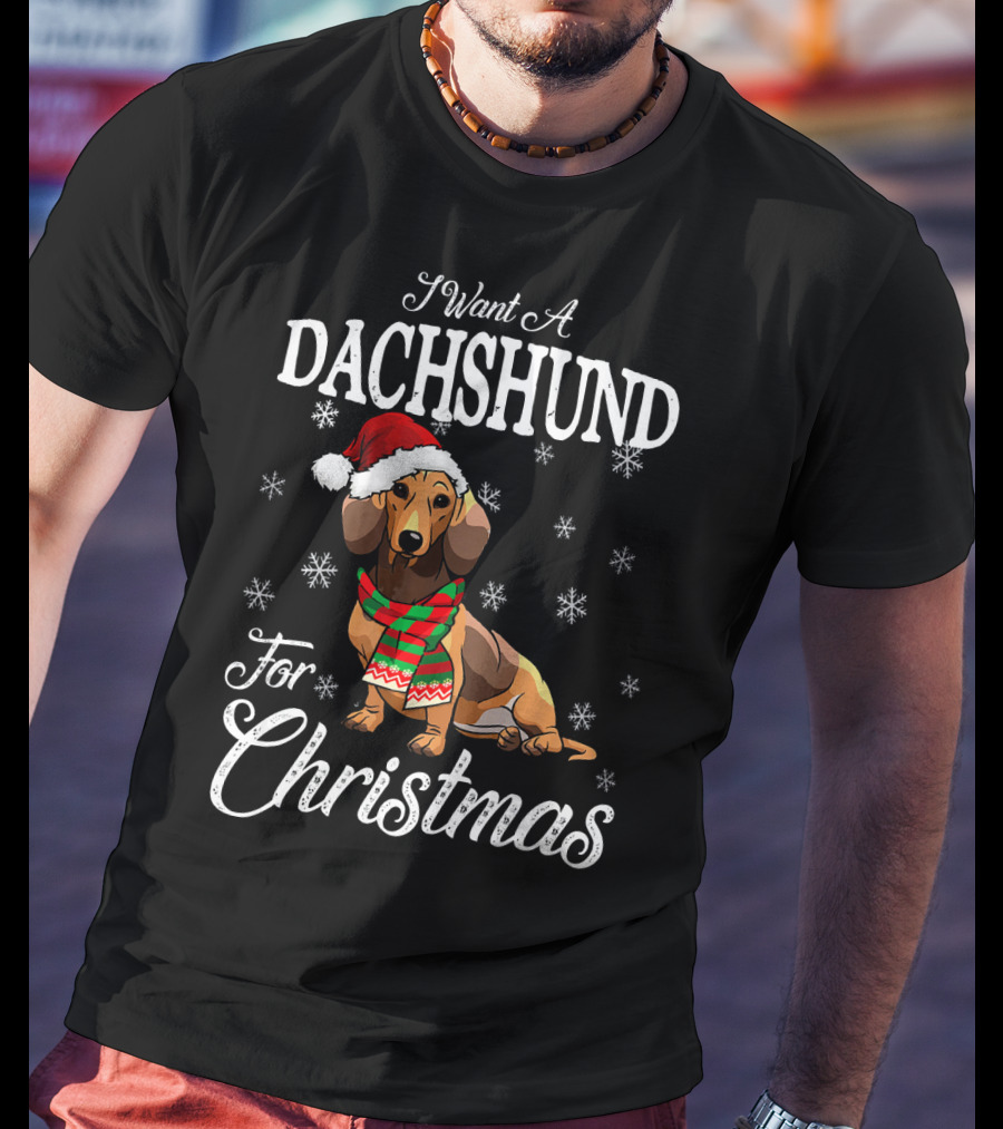 I Want A Dachshund Wearing Santa Hat And Scarf For Christmas Snowflakes T-Shirt