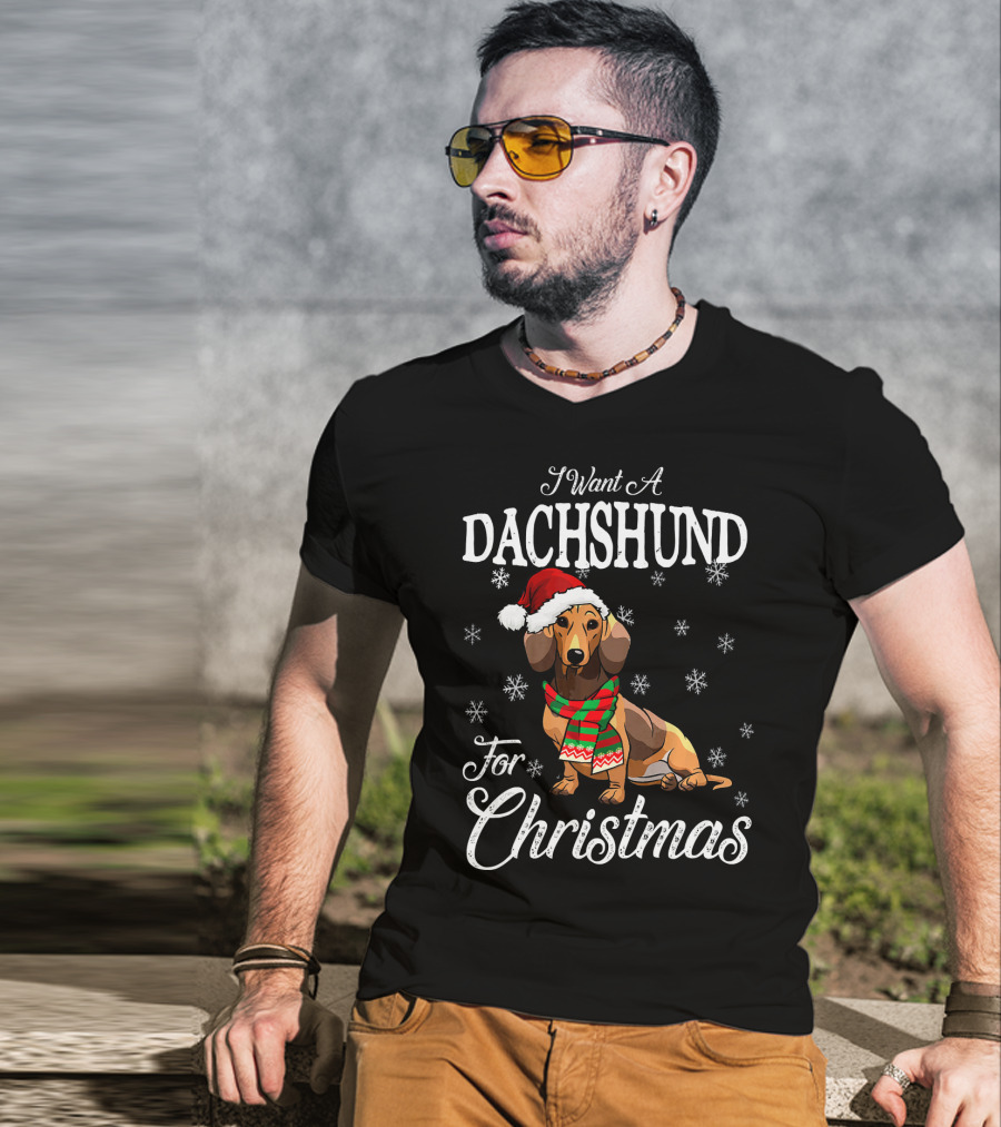 I Want A Dachshund Wearing Santa Hat And Scarf For Christmas Snowflakes T-Shirt