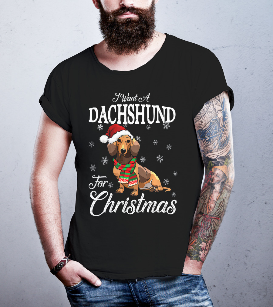 I Want A Dachshund Wearing Santa Hat And Scarf For Christmas Snowflakes T-Shirt