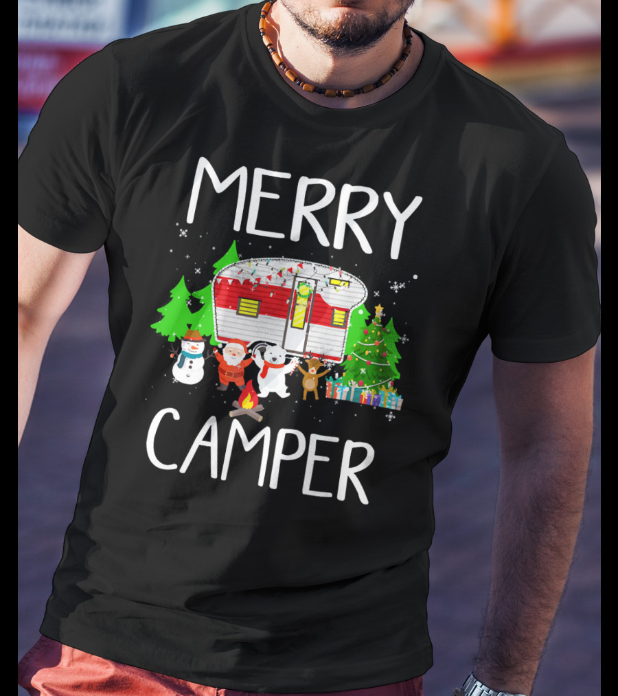 Merry Camper Christmas Santa Snowman Reindeer Campfire Scene T-Shirt