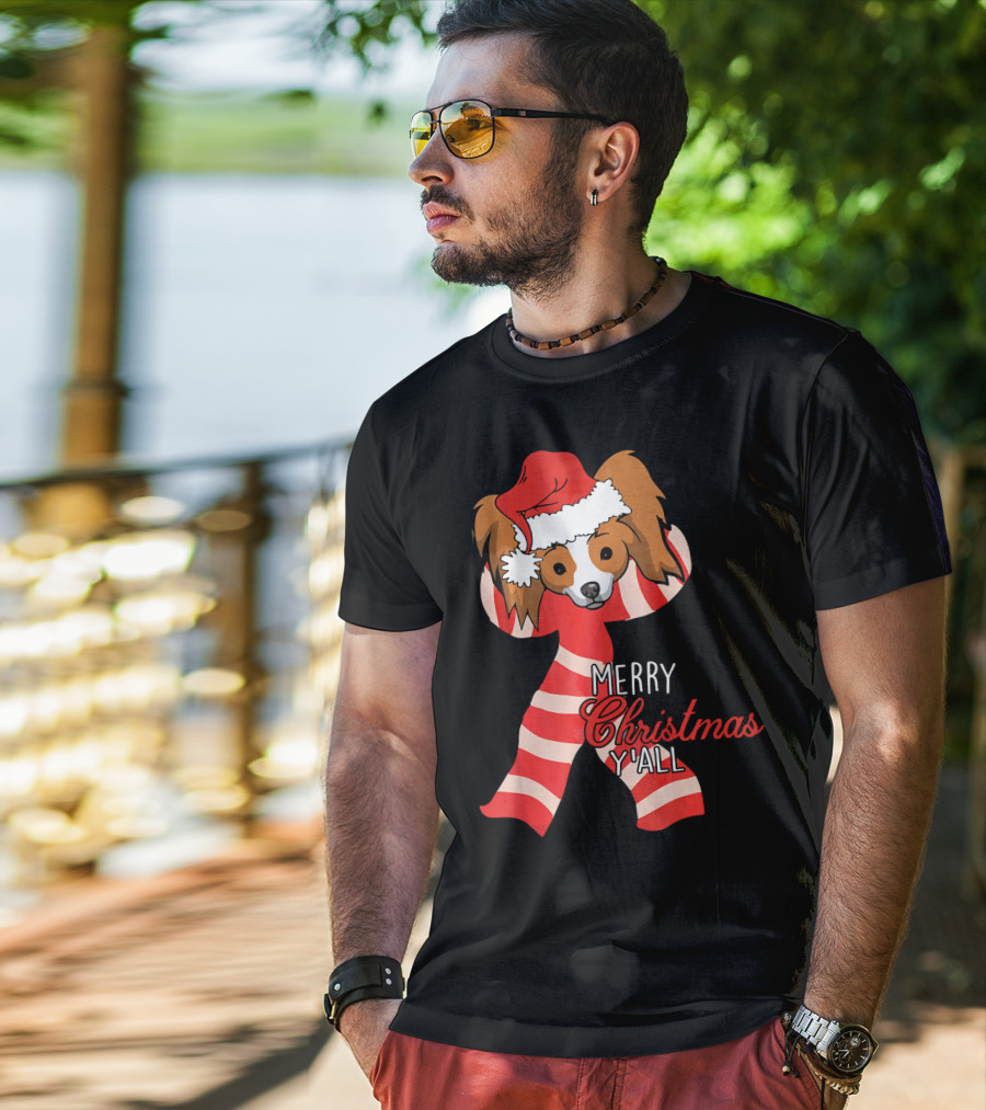 Papillon Dog Merry Christmas Y'all Santa Hat Striped T-Shirt