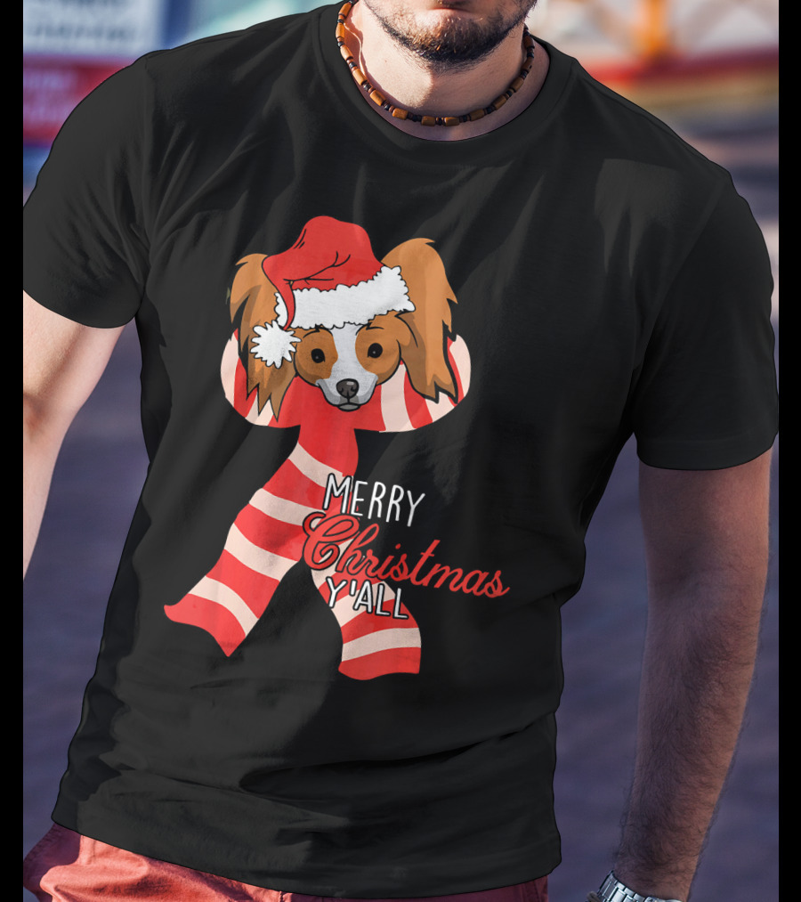 Papillon Dog Merry Christmas Y'all Santa Hat Striped T-Shirt