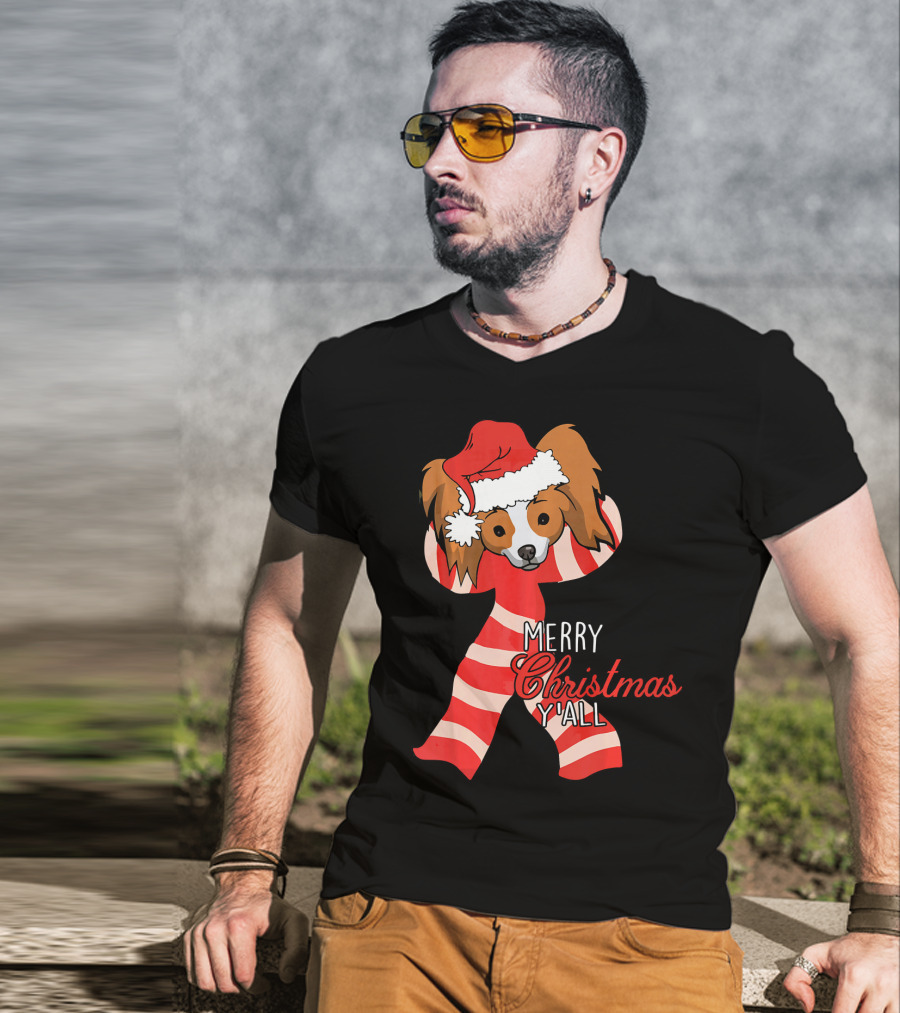 Papillon Dog Merry Christmas Y'all Santa Hat Striped T-Shirt