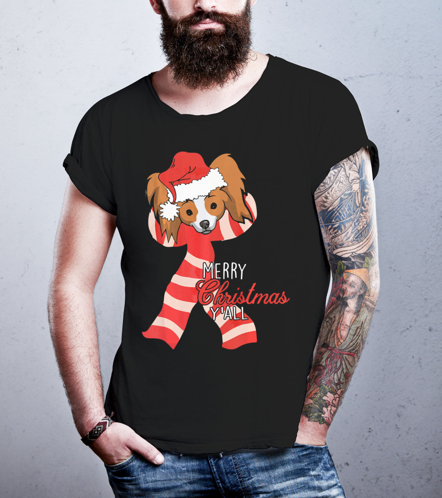 Papillon Dog Merry Christmas Y'all Santa Hat Striped T-Shirt