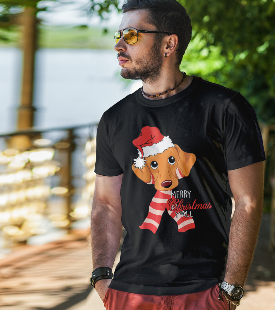 Merry Christmas Y'all Dachshund Dog Wearing Santa Hat And Striped Scarf T-Shirt