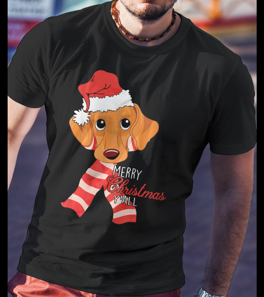 Merry Christmas Y'all Dachshund Dog Wearing Santa Hat And Striped Scarf T-Shirt