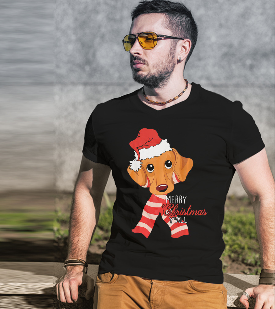 Merry Christmas Y'all Dachshund Dog Wearing Santa Hat And Striped Scarf T-Shirt