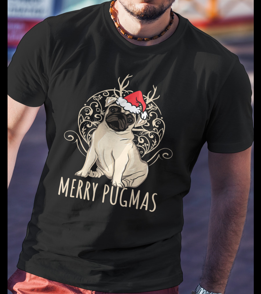 Merry Pugmas Funny Pug With Santa Hat And Antlers T-Shirt